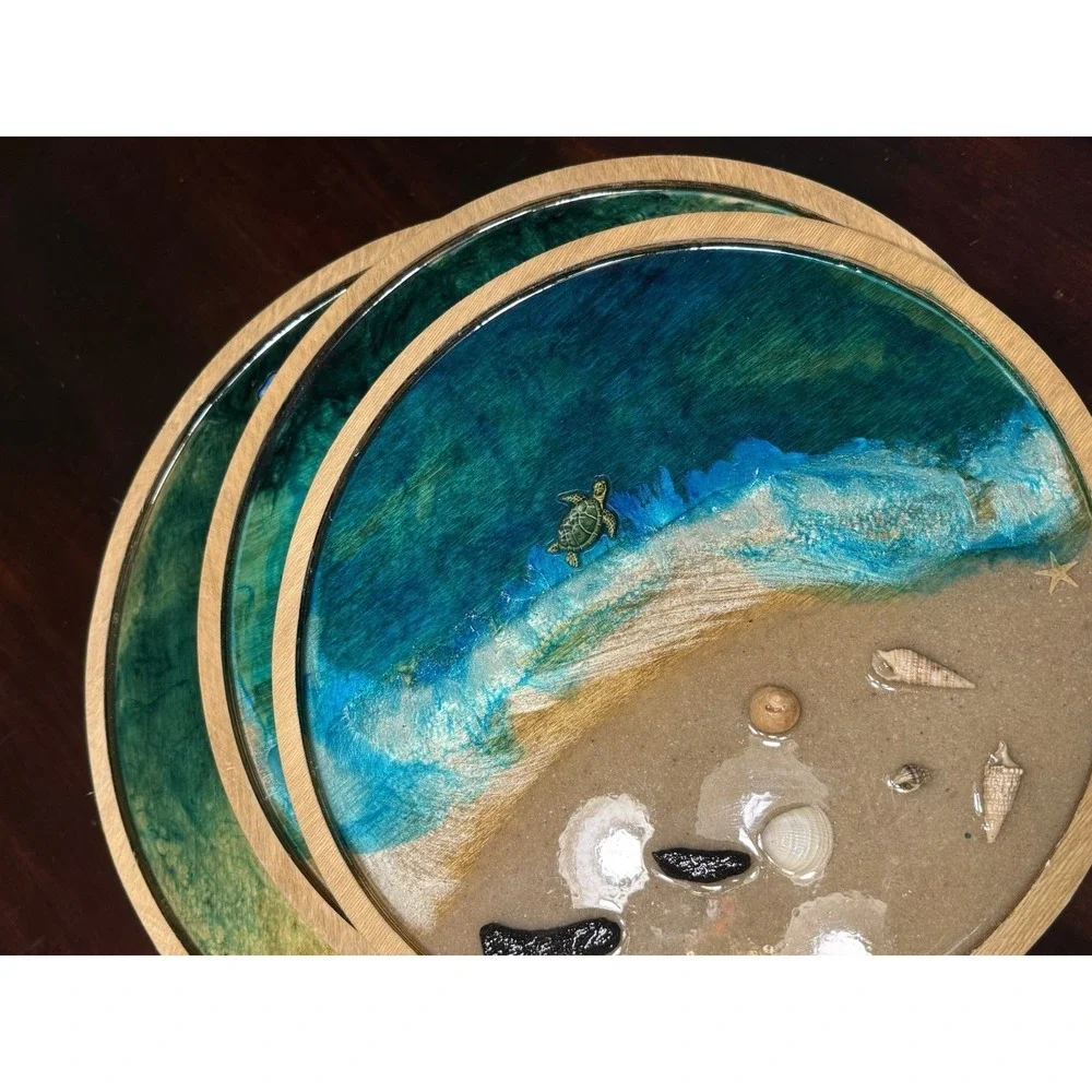 Handmade Resin Beach Tray Ocean Vibes ‎ Epoxy Art   Decor Lot Of 3